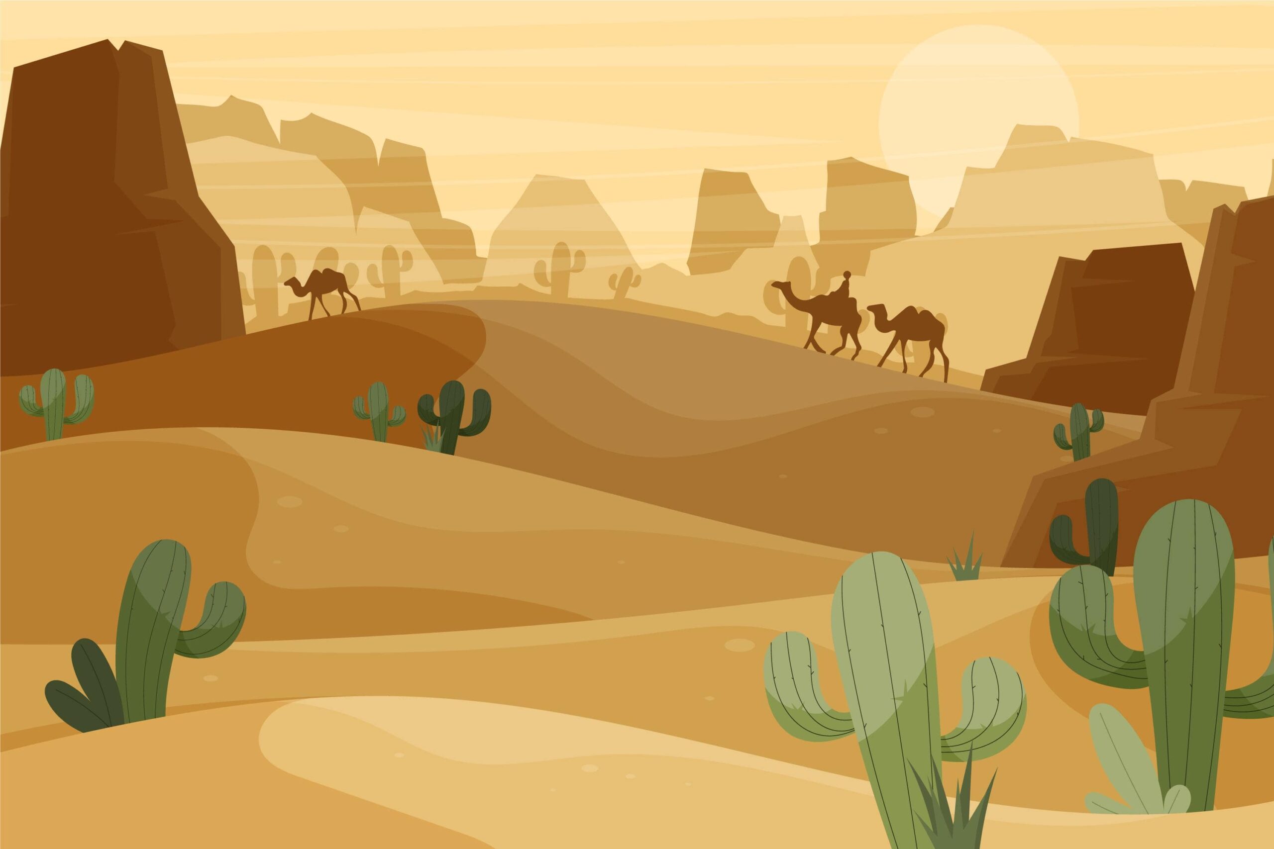 An image of the desert, full of biotic and abiotic factors, including people, camels, cacti, sand, and rocks.