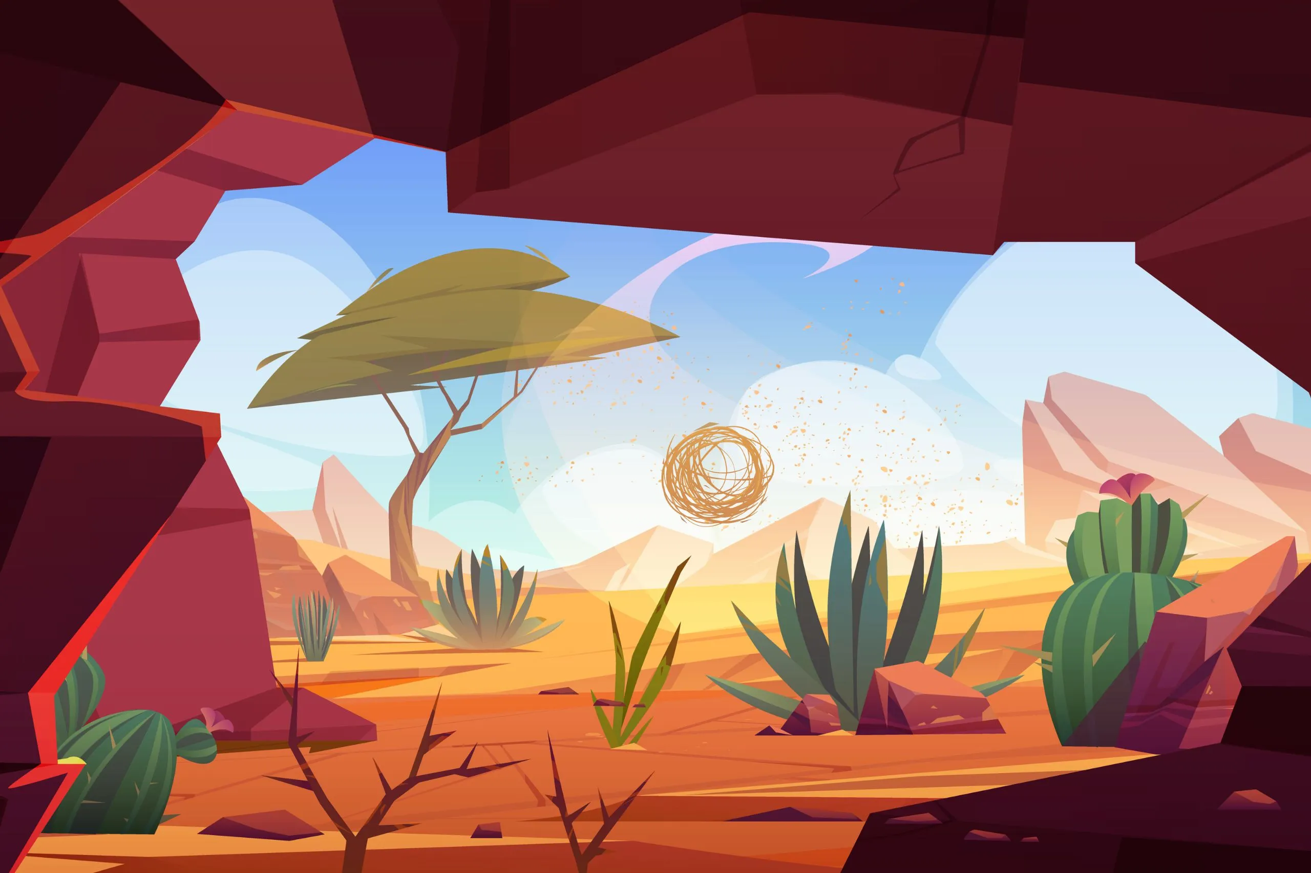 An image of the desert as seen through the entrance of a cave.