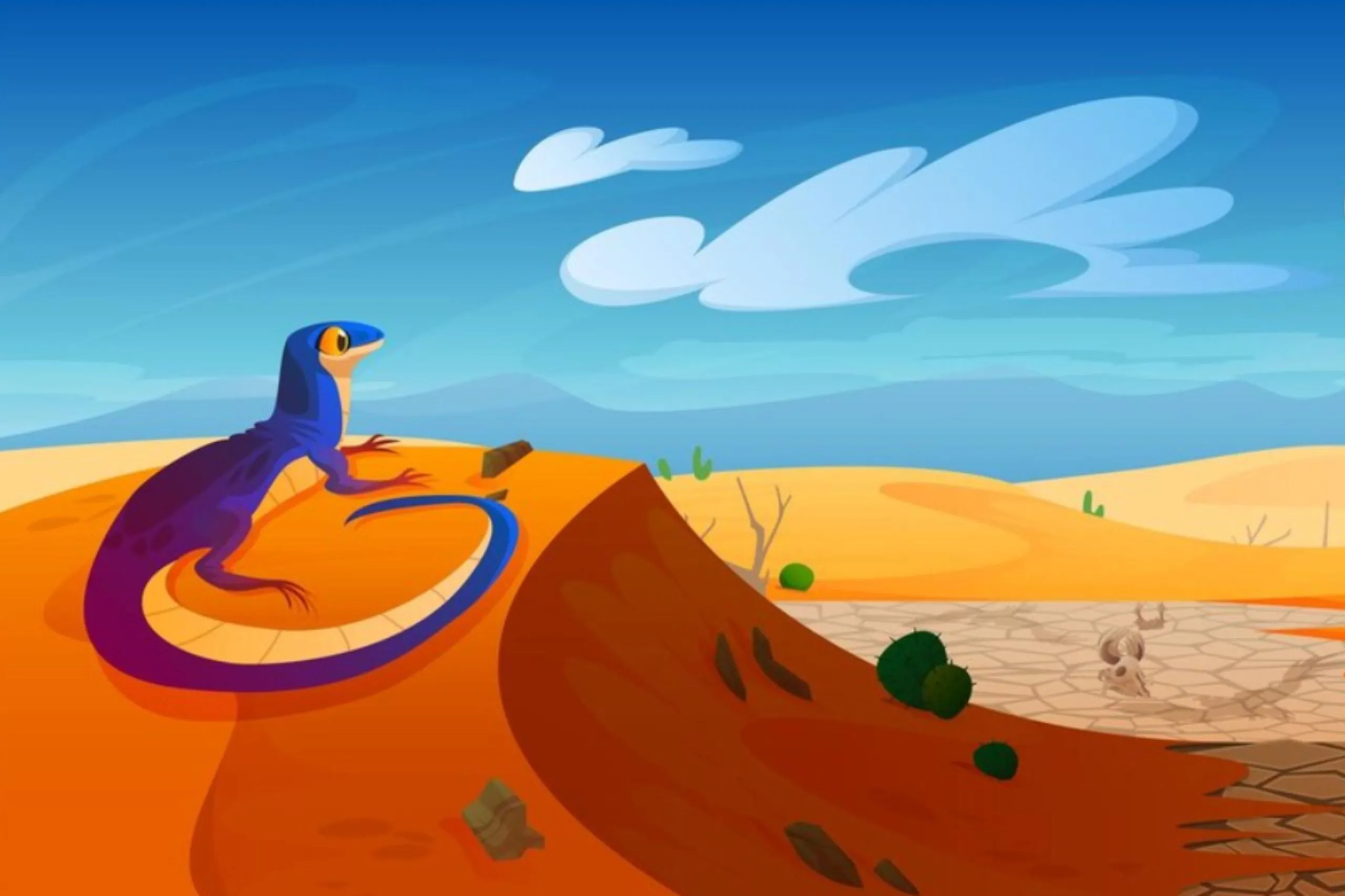 In image of a blue lizard looking out across the desert ecosystem.