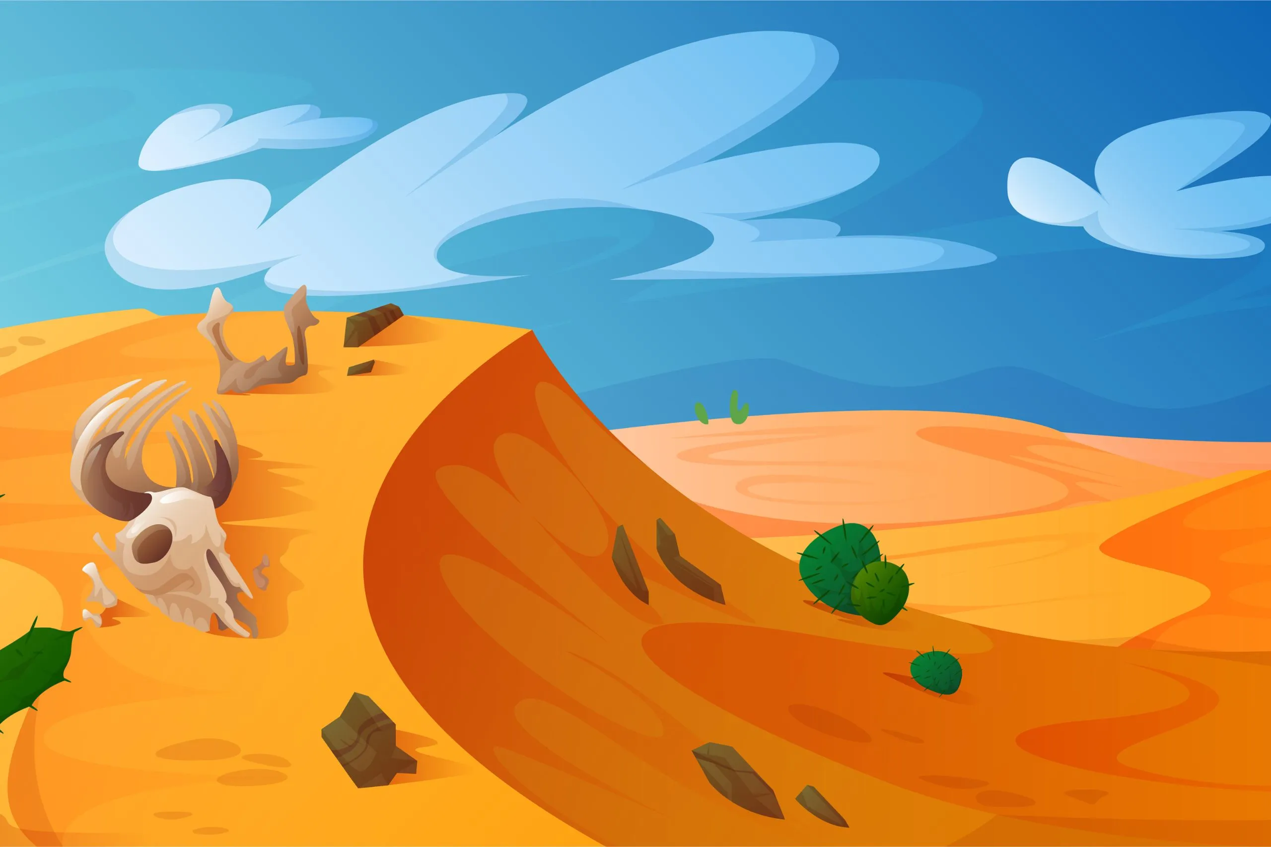 A cartoon of the desert with animal skulls - even bones are biotic factors.
