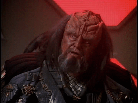 A Klingon laughs at the blog writer's pitiful attempt at humor.